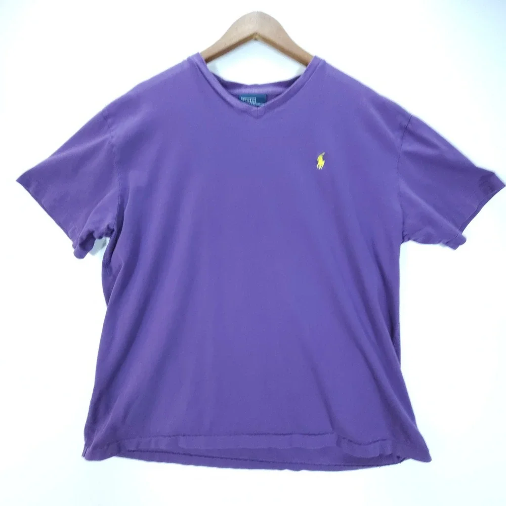 Vintage Polo Ralph Lauren Mens Large Purple V-Neck Pony Logo T-Shirt Streetwear